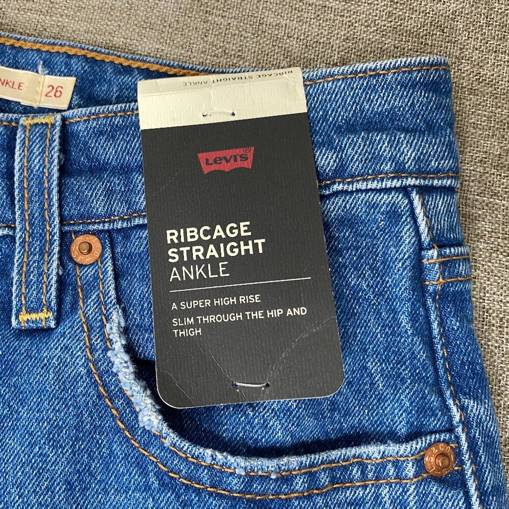 Levi's Ribcage Straight Ankle Denim Jeans Women 26 High Rise Blue Distressed NWT - Picture 4 of 16